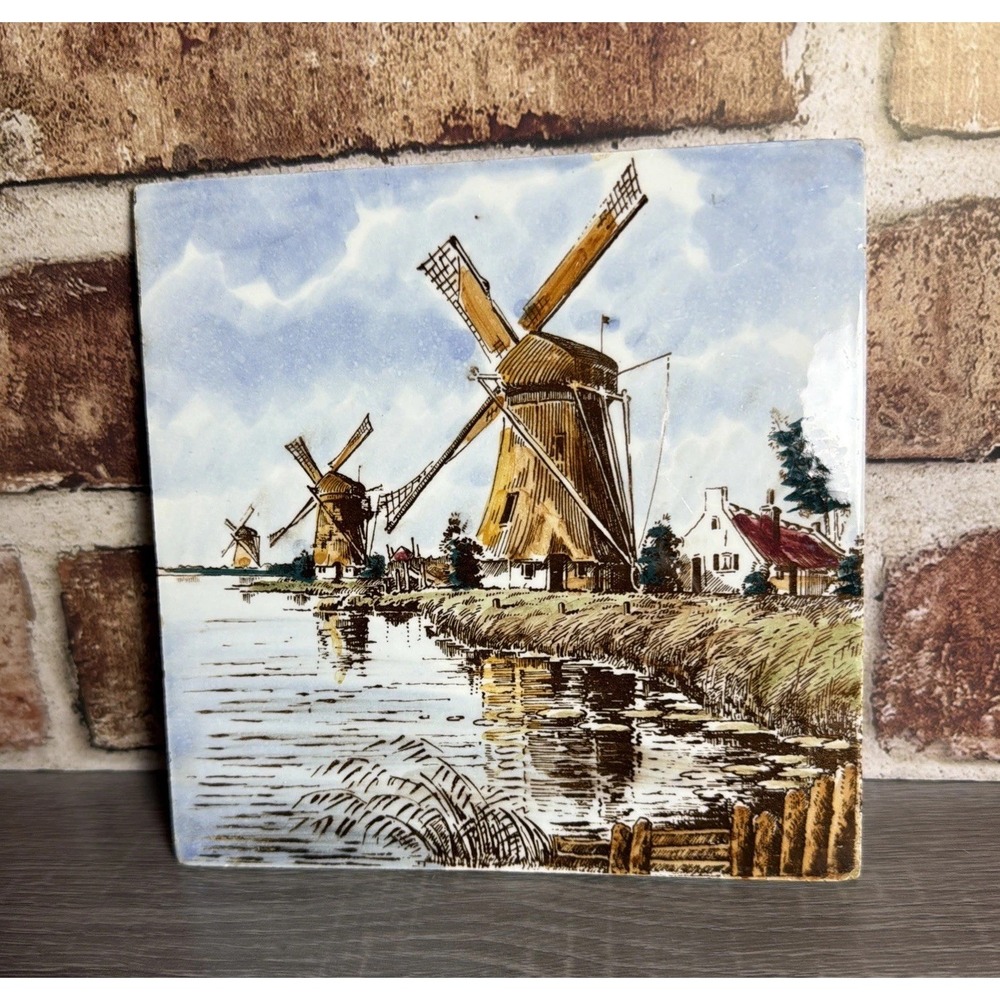 Vintage Delft Dutch Ceramic Tile Windmill Canal Scene Hand Painted Holland